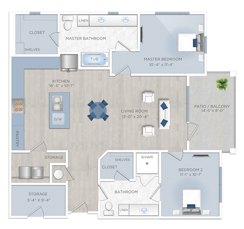 Floor plan for 2 beds, 2 baths, 1164 sqft